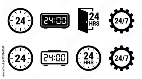 Photography Set of 24/7 Open and Always Available Service Vector Icons