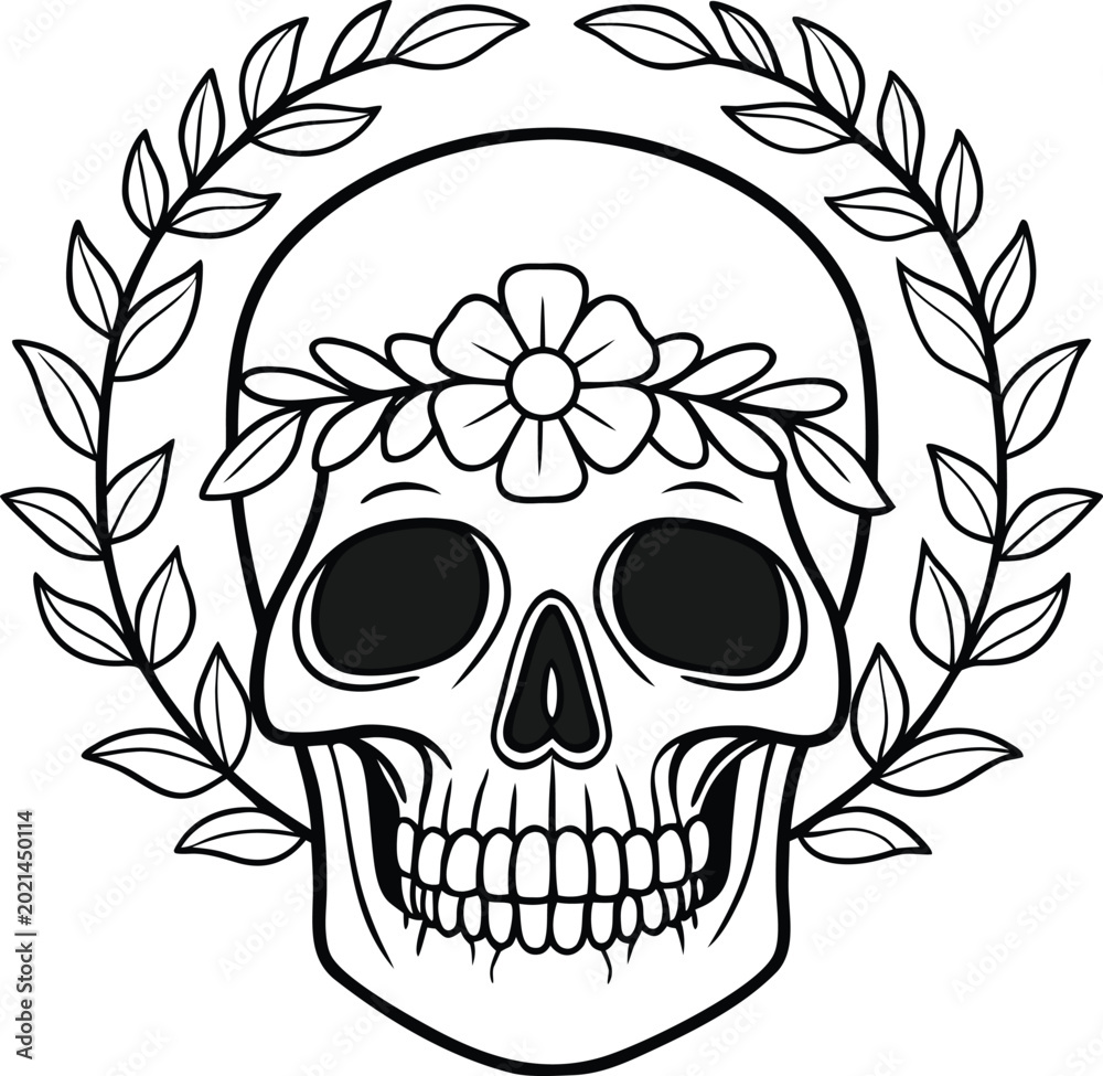 Fototapeta premium Decorative skull wreathed with floral and leaf motifs in monochrome design Vector