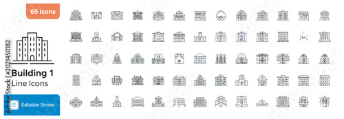 Comprehensive set of 65 line icons featuring various building structures and architectural designs.