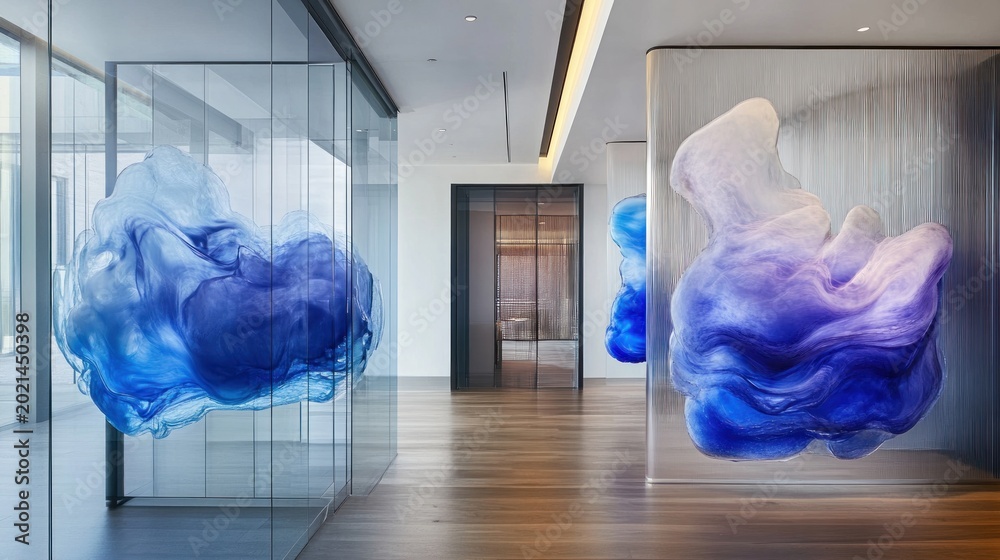 Fototapeta premium Modern office hallway with abstract art installations