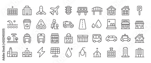 Obraz na płótnie Collection of line art icons for urban infrastructure, transportation, and public services