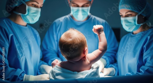 Newborn baby with medical team in delivery room setting with blue scrubs