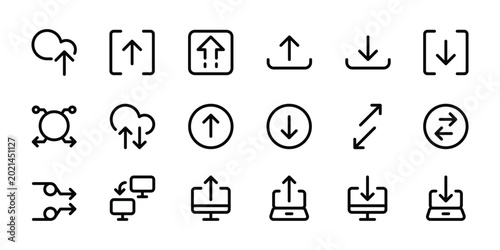 Minimalist line art collection of arrows, navigation icons, and directional symbols in black vectors style.