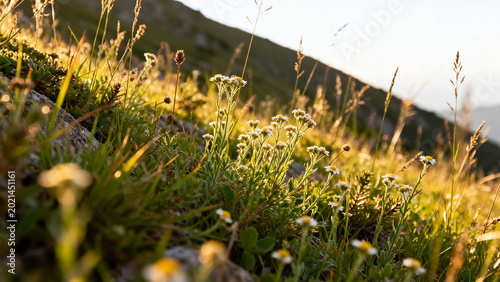 Wildflowers and grasses growing on a sunlit mountain slope at golden hour