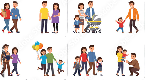 Принти на полотні Cartoon family life stages collection with parent characters walking together holding hands pushing strollers carrying infants in sling and sending kids to school