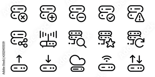 Black line hard drive and data storage icons set on white background