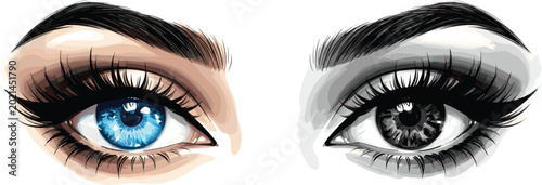 Canvastavla Beautiful woman eyes vector illustration showing a side-by-side comparison of a vibrant blue iris and a monochrome black and white sketch