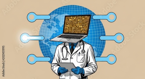 Digital healthcare concept with laptop headed doctor and global network
