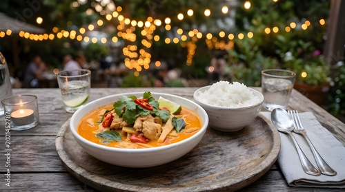 Delicious thai curry with chicken and rice on a wooden table outdoors at night