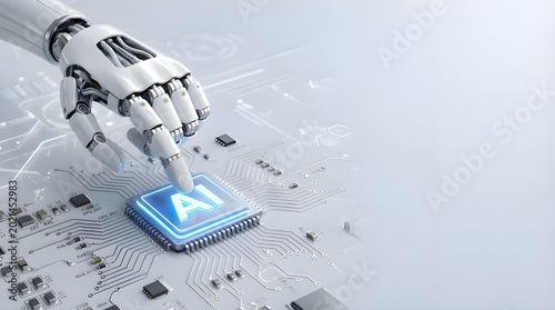 Robotic hand touching ai chip on circuit board with glowing blue light