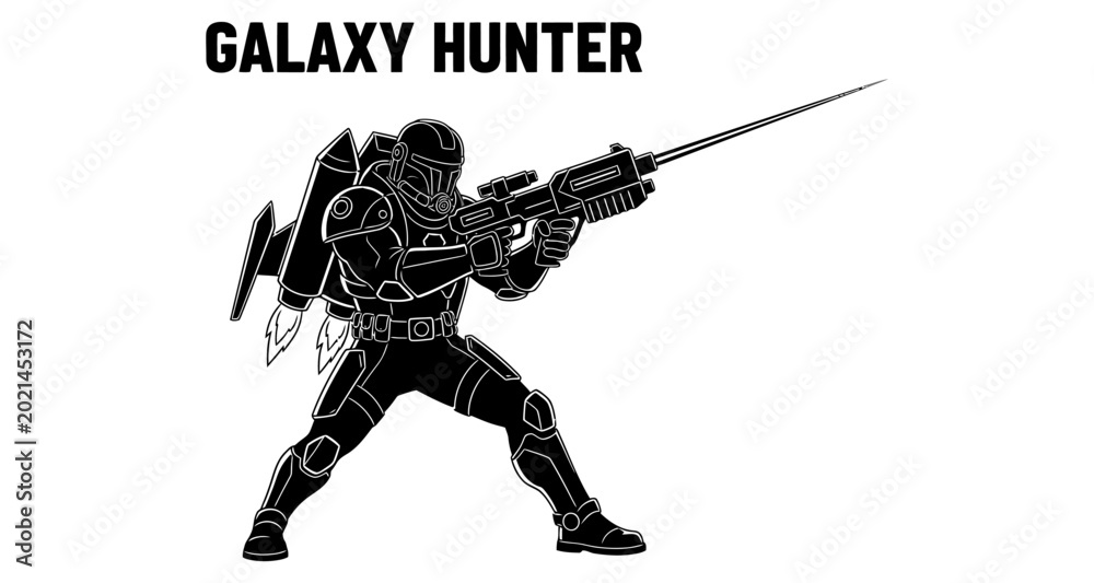 Naklejka premium Futuristic Soldier with Jetpack and Blaster Aiming Forward in Silhouette Isolated on white background