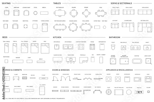 Fotografía Extensive vector library of essential CAD symbols for architectural floor plans,