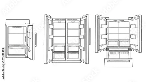 Canvastavla Detailed CAD illustrations of modern kitchen refrigeration appliances, featuring