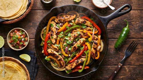 Delicious chicken fajitas with vegetables in a cast iron skillet on a wooden table