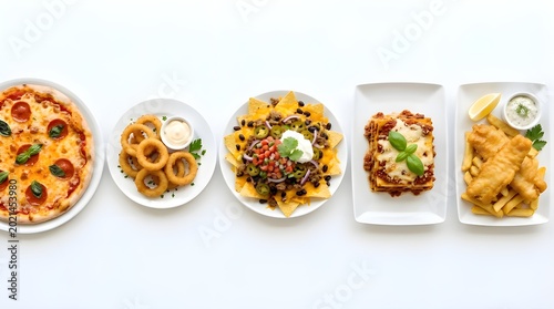 Variety of delicious food on white plates including pizza and nachos isolated on white background