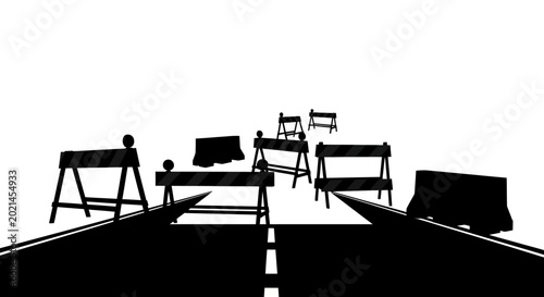 Konstfotografi Road closure with barricades and signs on a black and white background indicatin