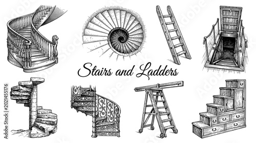 Vintage Engraved Collection of Architectural Stairs and Ladders Featuring Spiral Staircases Stepladders and Storage Steps Vector Illustration