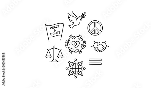 Schilderij op canvas Minimal peace and human rights icon set thin line freedom and activism symbols v