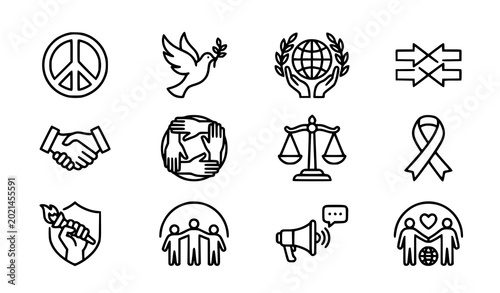 Tableau sur toile Modern peace and human rights outline icon set equality activism and global supp