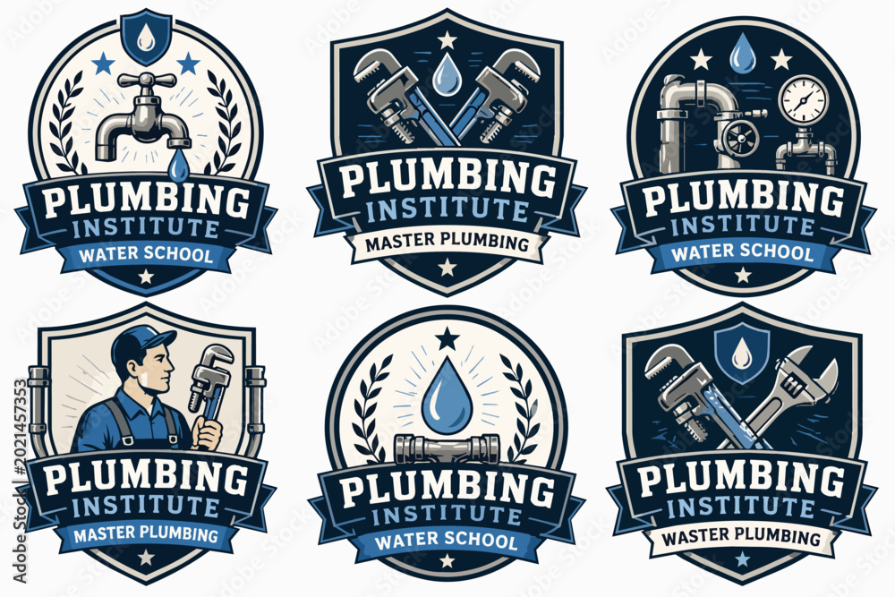 Fototapeta premium Plumbing Institute water school and master plumbing badges, vintage emblems collection