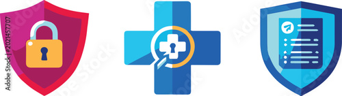 Security icons including lock and medical cross with document on blue shield displayed