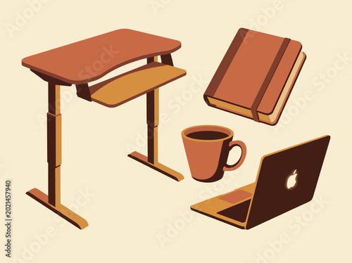 This warm illustration features a stylish desk, notebook, cup, and laptop, perfectly representing a modern home workspace that inspires productivity and creativity.