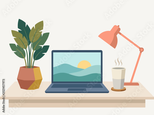 An aesthetically pleasing home office setup featuring a laptop, lamp, plant, and coffee, creating a perfect work-from-home environment filled with comfort and creativity.