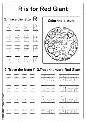 Red Giant space-themed educational tracing worksheet for kids featuring bold lettering and astronomy learning concept. Fun printable alphabet activity for preschool and kindergarten learners.