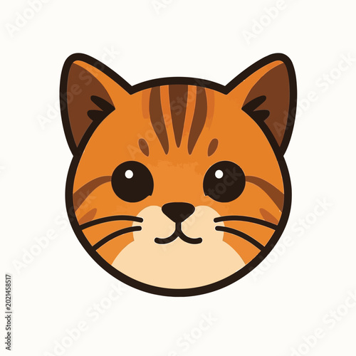 Fotografie Cartoon illustration of a cute orange tabby cat head with brown stripes and big eyes on a white background