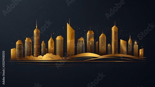Luxury Golden City Skyline Illustration on Dark Background, Elegant Urban Architecture Silhouette with Gold Foil Effect, Metropolitan Skyscraper Horizon for Premium Wealth and Success Concept