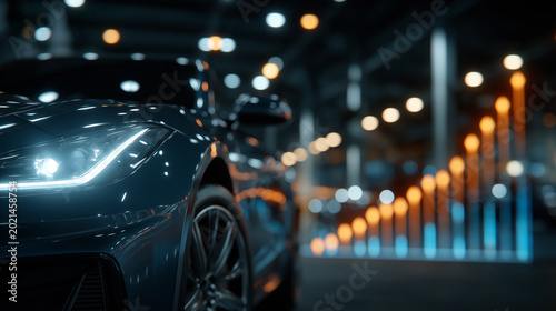 Automotive Growth: A sleek, modern car gleams under the city lights, positioned perfectly in front of a dynamic graph symbolizing the ever-growing automotive industry. 