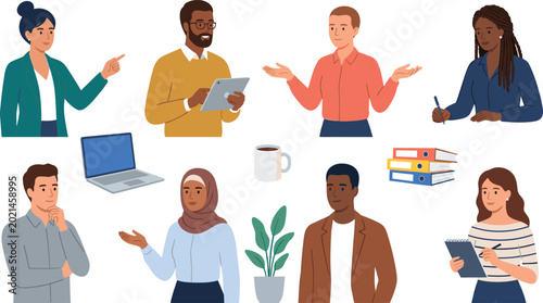 Photos Diverse business professionals and office workers character set with laptop docu