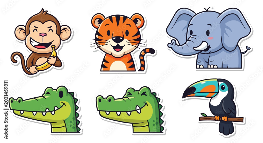 Obraz premium Cartoon jungle animal face stickers.