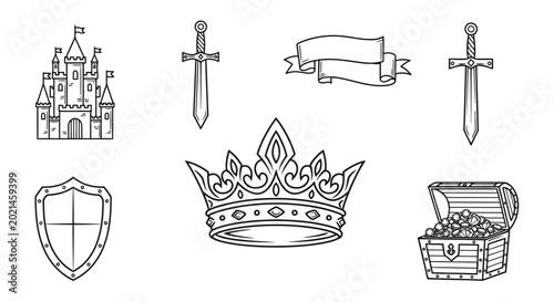 Obraz na płótnie Medieval crown and royal treasure icons.