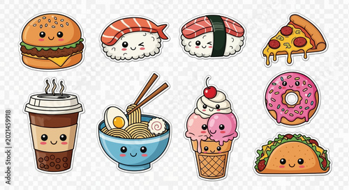 Принти на полотні Smiling food and drink cartoon items.
