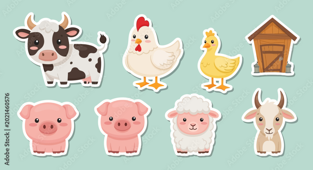 Fototapeta premium Cartoon farm animals and barn toys.