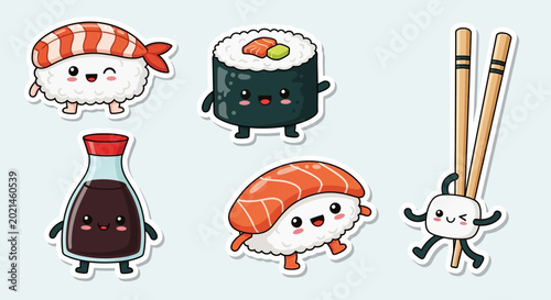 Cartoon sushi and chopsticks characters.