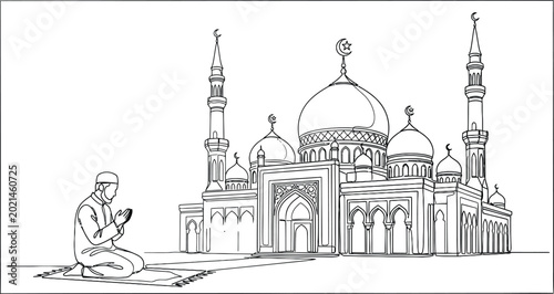 Photography line drawing of a mosque and praying man monochrome