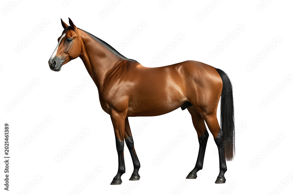 Obraz premium Bay thoroughbred horse standing calmly on a transparent background. Equine modeling power, strength, and classic beauty