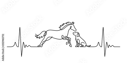 Continuous single line drawing of a horse and a dog together with a heartbeat pulse line representing love for animals and veterinary medicine symbol Vector, illustration