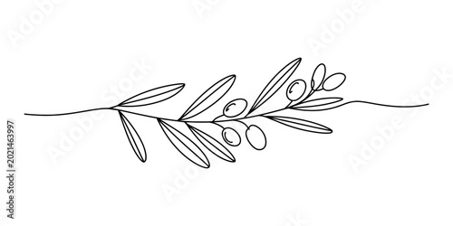 Foto Continuous single line drawing of an olive branch with leaves and olives for sim