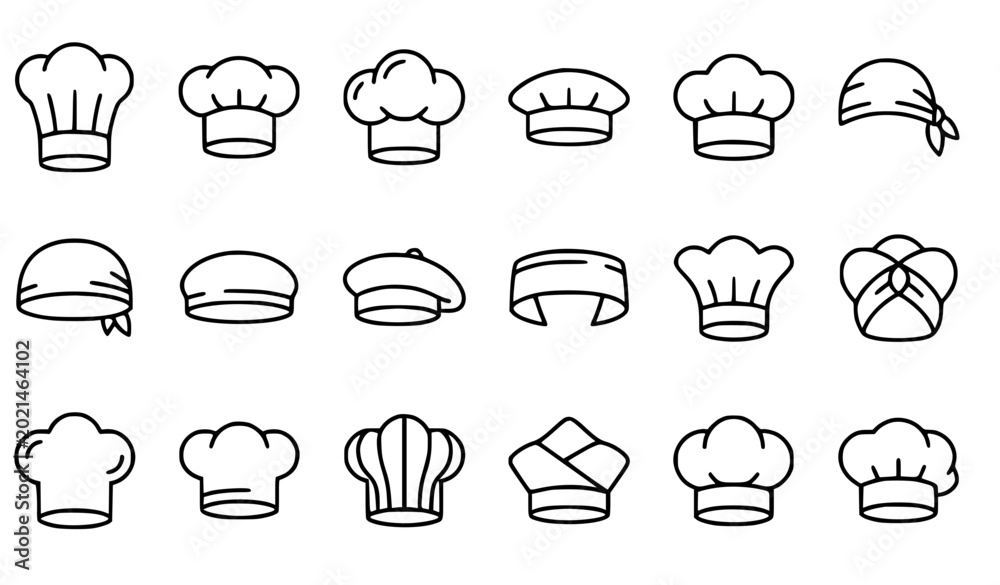 Obraz premium Chef Hat Line Icon Set Vector with 16 Culinary Headwear Outline Symbols Isolated on White Background Editable Stroke