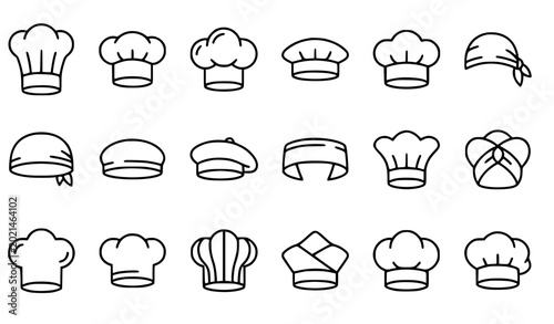 Foto Chef Hat Line Icon Set Vector with 16 Culinary Headwear Outline Symbols Isolated