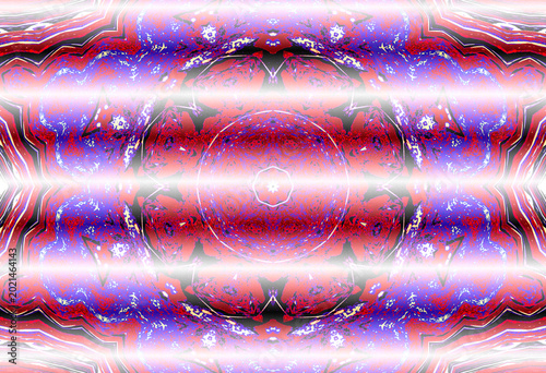 Foto A mesmerizing kaleidoscopic pattern showcases vibrant reds and blues with symmetrical designs