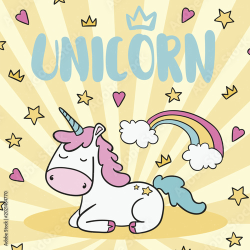 Schilderij op canvas cute unicorn fairytale character illustration