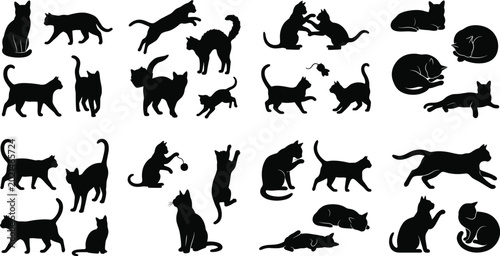 Bild auf Leinwand Black Cat Silhouette Collection with Playing Sleeping Walking and Jumping Feline