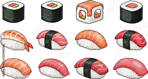 Schilderij op canvas Traditional Japanese sushi vector set with maki rolls nigiri salmon tuna and shrimp variants isolated on white background