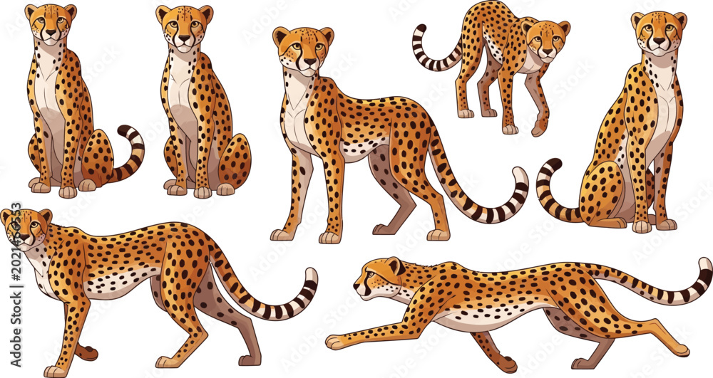 Obraz premium Cartoon Cheetah Collection Featuring Multiple Poses Including Sitting Walking Running and Stalking Isolated on White Background