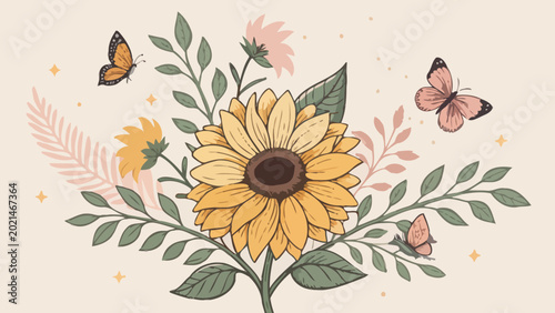 Cottagecore aesthetic illustration featuring a bright yellow sunflower surrounded by delicate green foliage and whimsical butterflies on a soft cream background