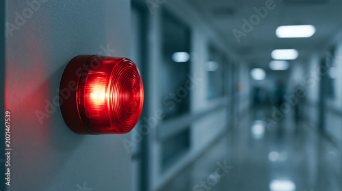 Red security alarm light glowing in a dark hospital corridor. Emergency fire notification system on building wall. Safety alert signal in public space for evacuation and warning.